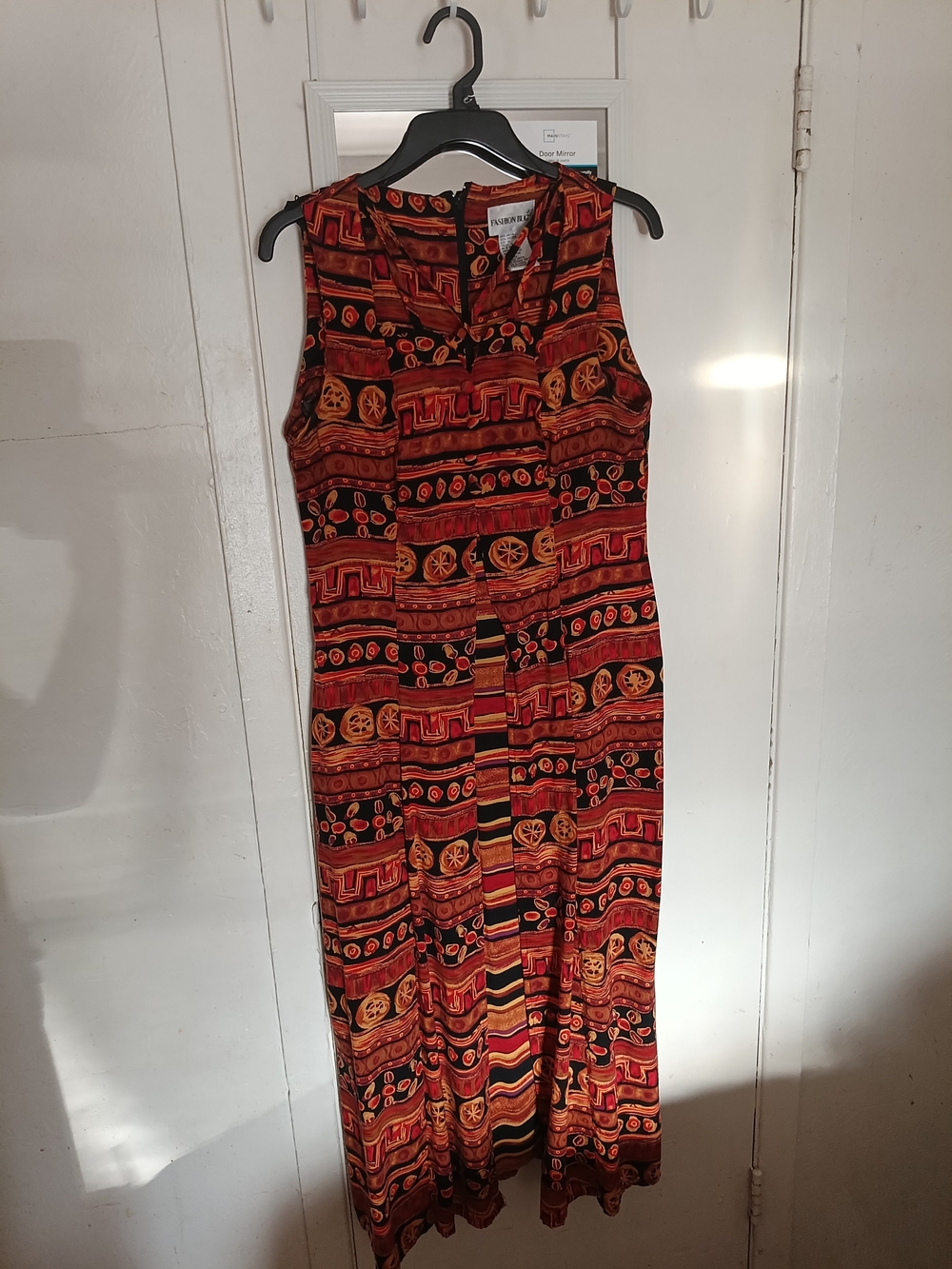 Vintage Fashion Bug Sleeveless Maxi Dress in Red, Black & Orange Tribal Print